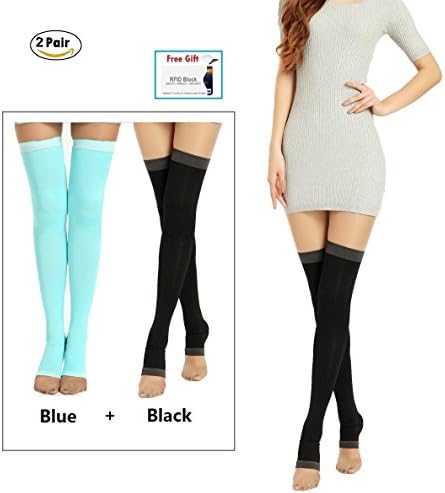2Pair Yoga Sleep Therapeutic Thigh-high Compression Socks Toeless + Small gift ( Black + Blue, S/M )