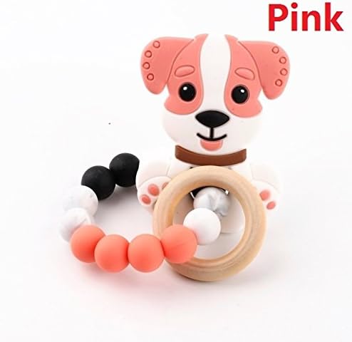 Biter teether Baby Nursing Bracelet Soft Silicone Pink Dog Teether Pendant Sensory Rattle Toys with Beech Wood Teether Ring Shower Gift for Newborn