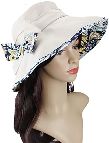 Womens Sun Hat Beach Summer Flap Cover Cap Cotton Anti-UV UPF 50+ Sun Shade Hat With Bow Wide Brim Chain Strap Adjustable Hat