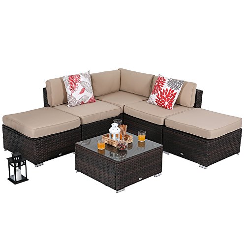 PHI VILLA 6-Piece Outdoor Rattan Sectional Sofa- Patio Wicker Furniture Set, Beige