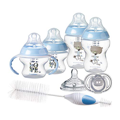 Tommee Tippee Newborn Baby Bottle Feeding Starter Set - Includes Breast-Like Nipples, Bottle Handles, Newborn Pacifier, Bottle & Nipple Cleaning Brush -Blue, Boy (Design May Vary)