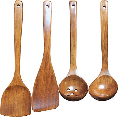 Wooden Utensils Set for Cooking Kitchen Tlever1 4PCS Solid Wood Kitchen Utensils Cooking Spatula and Spoons Set Slotted Spatula, Angled Spatula, Mixing Spoon, Colander Spoon