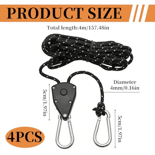 MUYAPAY Set of 4 Ratchet Tensioners, Adjustable Ratchet Rope Retractable Pulley, 4 m Reflective Tent Rope for Attaching a Tent in Full Equipment Essential for Camping Travel Black
