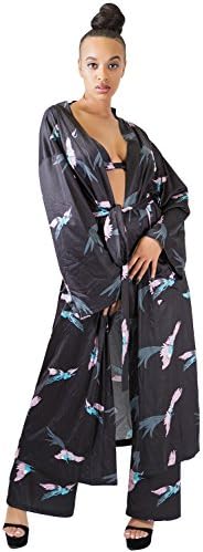 Sedrinuo Women Printed Outerwear 3 Pcs Pajamas Sets Sexy Bra High Waist Long Pants and Wrap Cardigan Blouse Black Medium(US6-8)