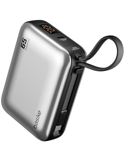 Basike Power Bank 65W, Carregador Portátil Universal 20000mAh (Prata) | USB-C + Cabo Type-C Integrado e Removível, Carregamento Rápido PD/PPS para Samsung Séries S26-S21 e iPhone Séries 17-14