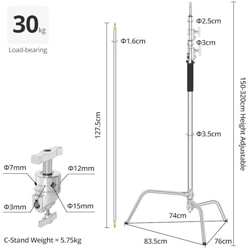 AMBITFUL Stainless Steel Heavy Duty C Stand, 150-320 cm, Adjustable with Wheels for Reflectors, Softbox, Monolight, Heavy Duty Arm (AMBITFUL C-Stand Kit + Bag + Wheels)