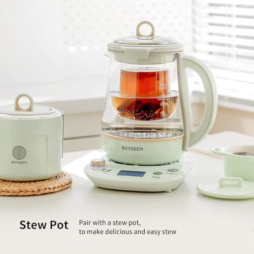 BUYDEEM K2763 Health-Care Beverage Tea Maker and Kettle with Glass Stew Pot & Tea Infuser, 8 Programmable Brew Cooker Master, Time and Reheat Preset, Auto Keep Warm, Cozy Greenish, 1.5 L