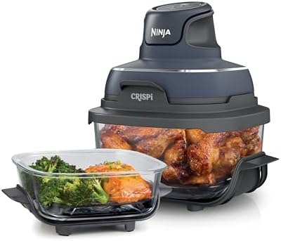 Ninja Crispi 4-in-1 Portable Glass Air Fryer Cooking System, 1500W, 4QT & 6-Cup TempWare Glass Containers with Storage Lids, Microwave, Freezer & Dishwasher Safe, Cyberspace Gray, FN101GY