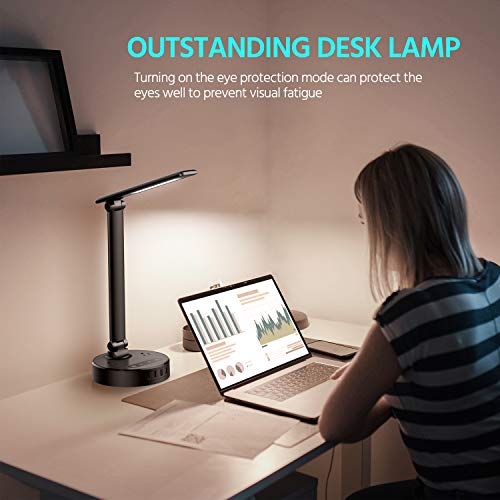 LED Desk Lamp Light with 4 Fast USB Charging Port and 2 AC Power Outlet, 4 Levels Brightness, 6FT Extension Cord, Touch Dimmer Control, 8W Eye-Caring Table Lamp for Bedside Office Hotel Dorm
