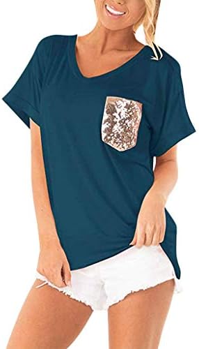 Loose V Neck T Shirts Womens Casual Sequins Pocket Short Sleeve Tees Summer Blouse Tops Pocciol