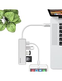 Lenovo USB C HUB, USB Type C adaptador con 3 puertos USB 3.0 y lector de tarjetas SD TF, para MacBook Pro, Chromebook Pixel y más, Plateado