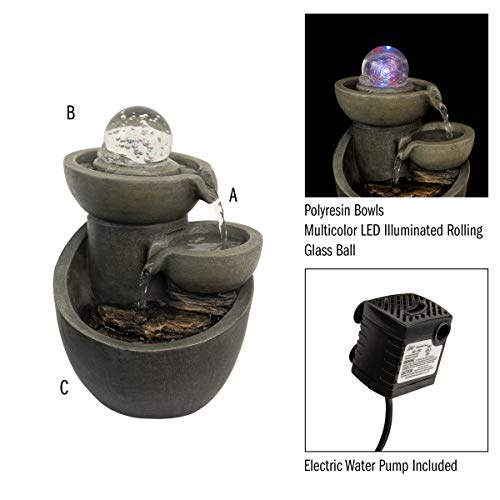 Pure Garden 50-LG5066 Tabletop Water Fountain-3-Tier Waterfall with Rolling Glass Ball, Multi-Colored LED Lights Electric Pump & Soothing Sounds for Home