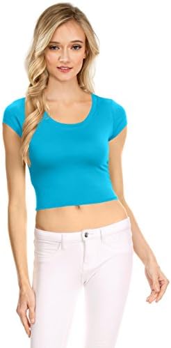 Womens Basic Short Sleeve Scoop Neck Crop Top - USA, T1029, XX-Large, Turquoise