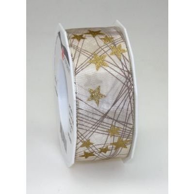 Präsent - Stars Printed Ribbon Champagne 20-m-Roll 40 mm width — image 1