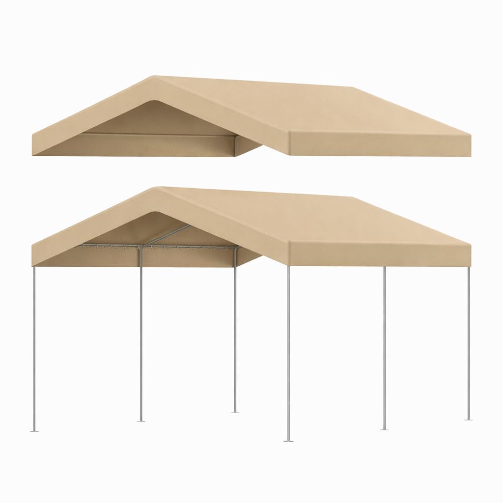 Photo 1 of 10 x 20 ft Canopy Replacement Cover for Carport, Heavy Duty Waterproof & UV Protected Garage Top Tent Shelter Tarp, Tear-Resistant Car Shed Tarpaulin Cover with Ball Bungees (Cover Only) Beige