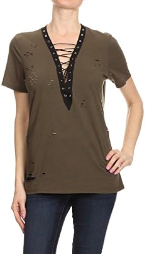 MIDNIGHT LOVERS Womens Distressed Lace Up Front T-Shirt Olive Large