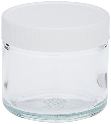 JG Finneran D0084-2 Clear Borosilicate Glass Short Straight Sided Standard Wide Mouth Jar with White Polypropylene Closure, Unlined, 53-400mm Cap Size, 2oz Capacity (Pack of 24)