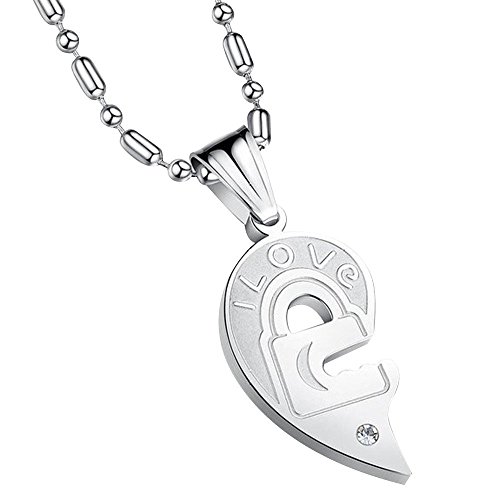 Happy Hours - His and Hers Heart Shape Couples Necklace Engraved I Love You Open Your Heart/Fortunate Four Leaf Clover Key and Stainless Steel Lock Pendant Couples Necklace with Black Bag(Black)