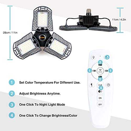 APP & Remote-Control-Garage-Light-E26, Brightness & Light Colors Adjustable, Time Control Deformable Garage Lights Ceiling LED 60W 6000lm for Storage, Basement, Workshop, Barn