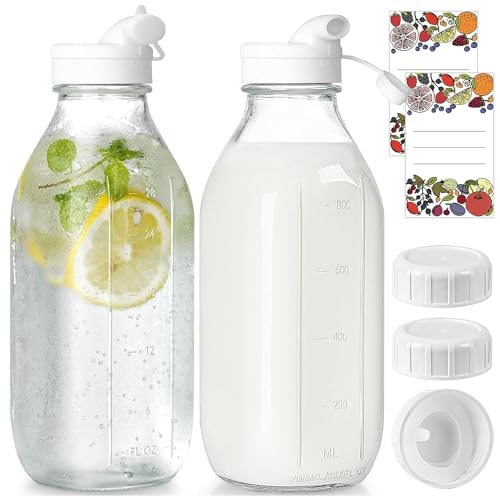 BYKNTEA 2 Piezas Botella de Vidrio para Leche con Tapa 1 Litro, 2 Tetinas y Adhesivo Antideslizante, Fácil de Limpiar, Jarra de Vidrio Grado Alimenticio para Jugo, Miel, Café