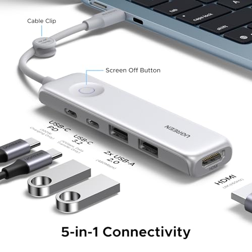 UGREEN 5-in-1 USB C Hub with One-Key Screen Off, 4K@60Hz HDMI, 100W PD, 10Gbps USB-C & 2x USB-A 2.0, Built-in Cable Storage – Type C Multiport Adapter for Laptop, Phone, Windows (Not for MacBook NEO)
