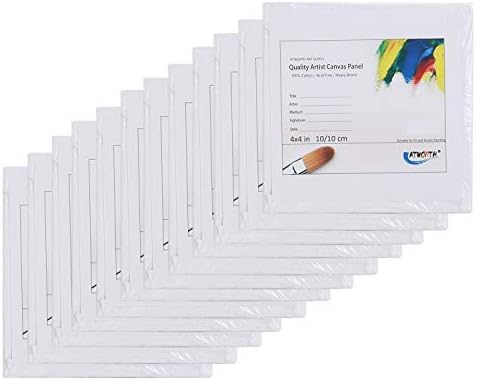 ATWORTH Art Canvas Panel Boards for Oil Acrylic Painting - 10 x 10 cm (4" x 4") - Pre Stretched Canvas Boards Pack of 12