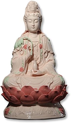 ICNBUYS Vintage Guanyin Buddha Statues with Willow Porcelain Pink Meditation Sitting on Lotus Home Decoration Height 16"
