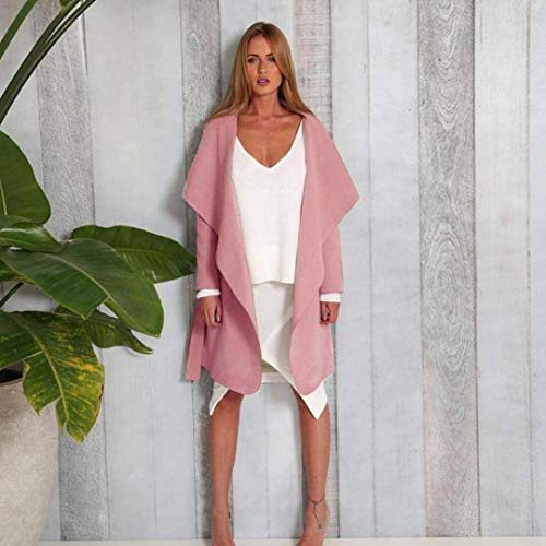 Elogoog Women's Casual Open Front Cardigan Wide Lapel Woolen Trench Coats with Belt (M, Pink)