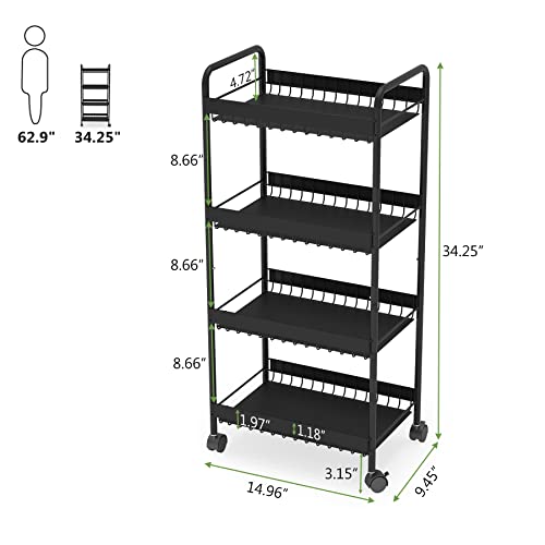 4Tier Rolling Cart, Metal Storage Cart, Utility Cart with Wheels
