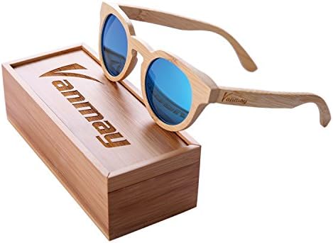 Vanmay Round Retro Mirror Lenses UV Protection Polarized Unisex Bamboo Sunglasses (Blue, 53)