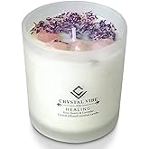 Crystal Vibe Healing Crystal Candle with Rose Quartz Crystals and Lavender Petals - Natural Soy Wax Lavender Scented Candle for Aromatherapy Meditation - Birthday Christmas Gifts for Women