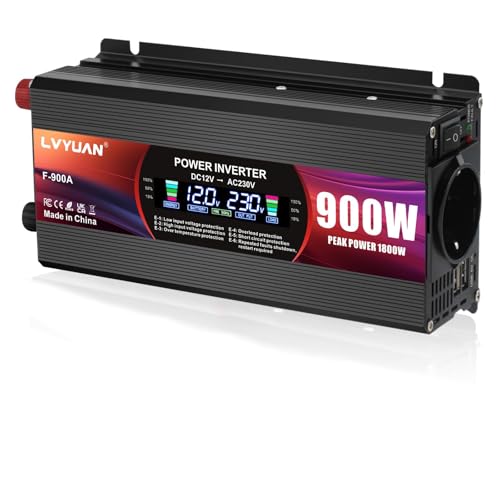 LVYUAN Inverter 12V 230V 900W Voltage Converter with EU Plugs, 2 USB, Alligator Clip, Cigarette Lighter and LCD Display Inverter Peak 1800W