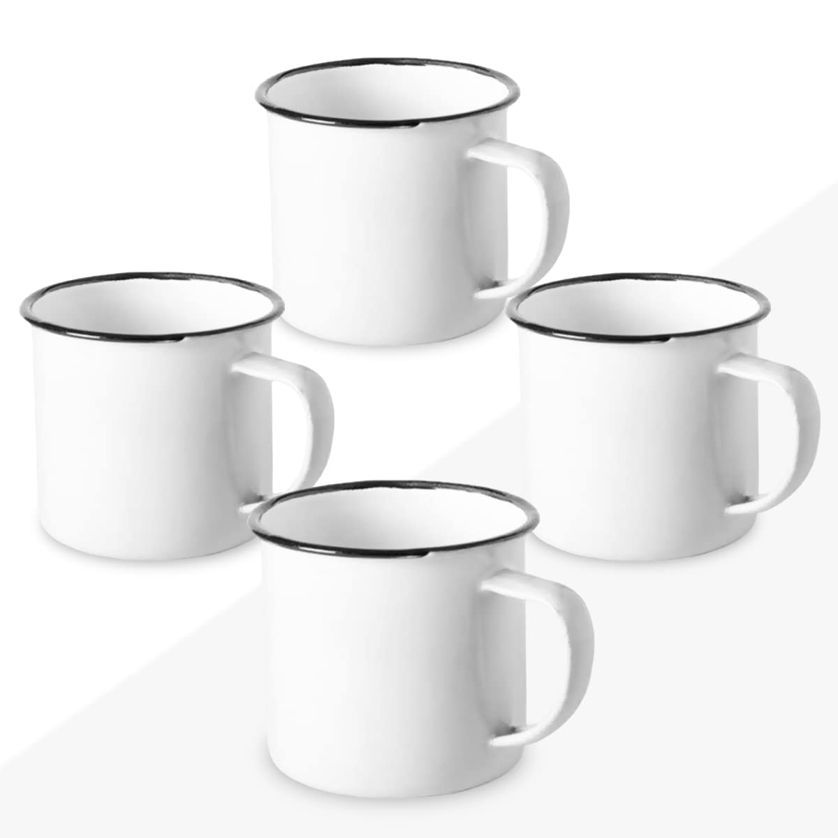 FUN FAN LINE - Set of 4 Retro Enameled Metal Mugs, White| Large12 Oz Vintage Breakfast Mug Set for Coffee | Unique Mugs for Tea, Hot Chocolate & Daily Use | Set for Friends & Family
