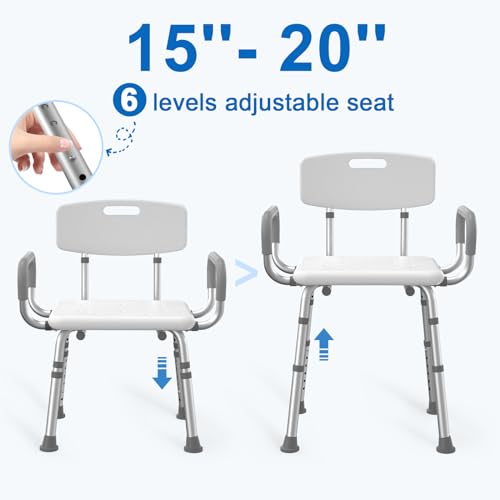 HOMLAND Shower Chair for Inside Shower with Arms and Back, 500 lbs Heavy Duty Shower Seat for Bathtub, Height Adjustable Safety Bath Seat for Elderly, Adults, Handicap and Disabled, White