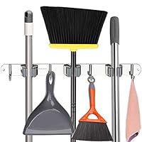 Broom Mop Holder, Stainless Steel Heavy Duty Wall Mount Storage Organizer Tools Hanger with 3 Racks 4 Hooks for Kitchen Bathroom Closet Garage Office Garden (3 Racks 4 Hooks)