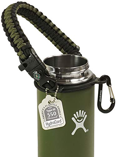 Gearproz Handle for Hydro Flask, Nalgene, Takeya - America's No. 1 Paracord Water Bottle Carrier with Safety Ring - Fits Wide Mouth 12 oz to 64 oz Flasks (Army Green w/Compass)