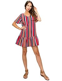 TENDENCIA Vestido sin mangas de verano con rayas de mujer - Vestidos de manga corta con volantes sueltos ocasionales de manga corta