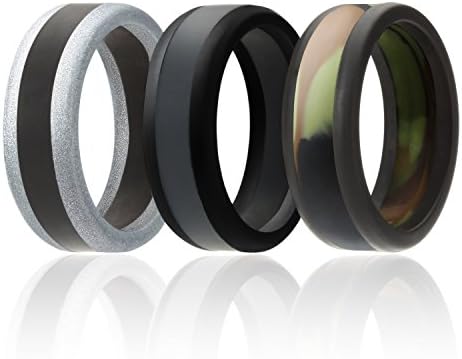 Silicone Wedding Ring For Men By SOL (Power X Series), 3 Pack Silicone Rubber Wedding Band, Camo, Black, Grey, Silver - size 8