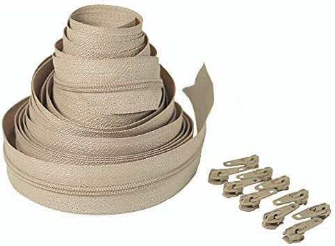Continuous Zip Black and Beige with Sliders Cushions Upholstery Nylon Coil Zipper Tape for Sewing Heavy Duty zips on roll Number 8 (Beige 10 Meter with 20 Sliders)