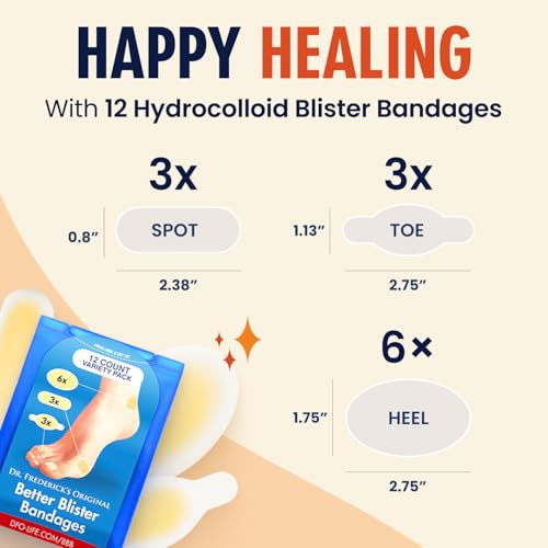 Dr. Frederick's Original Better Blister Bandages Variety Pack - Heel Toe Spot Shapes, Hydrocolloid Blister Pads for Feet, Water-Resistant, Latex-Free, Foot Blister Patches, Nude, 12 Count for Shoes