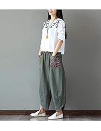 dama Patchwork pierna ancha pantalones de lino con bolsillos grandes