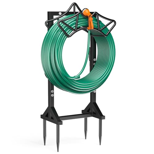 Garden Hose Holder Holds 160Ft Hoses, Heavy-Duty Freestanding Water Hose Stand with 2 Tool Hooks, Rustproof Hose Rack with 4 Spikes Hose Hanger Storage for Outside, Yard, Lawn