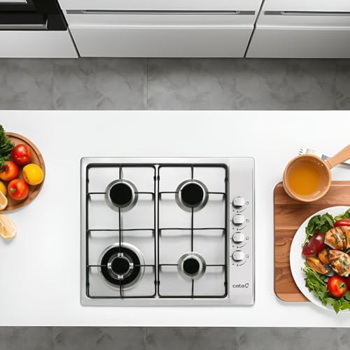 GI 6031 Table de Cuisson à Gaz 4 Brûleurs Émaillés Allumage Électronique Intégré à la Commande Soupapes de Sécurité Préparée Pour le Gaz Naturel Puissance de 8kW 58 cm