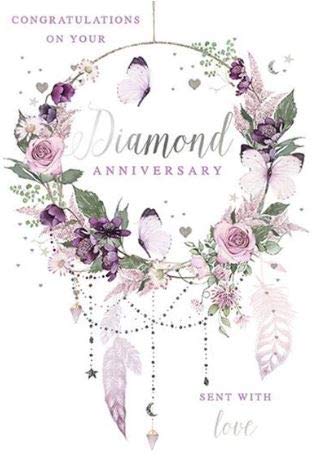 Pizazz Beautiful Diamond Anniversary Congratulations Card From the Range by Nigel Quiney - Dusky Flower Wreath with a Stunning Silver Foil Finish - Greeting Card For Both of You (NQ-HS506)