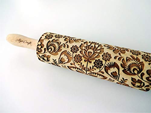FOLK rolling pin. Wooden embossing rolling pin with folk flowers. Embossed cookies. Pottery. Birthday gift. Gift for mother. Embossing rolling pin