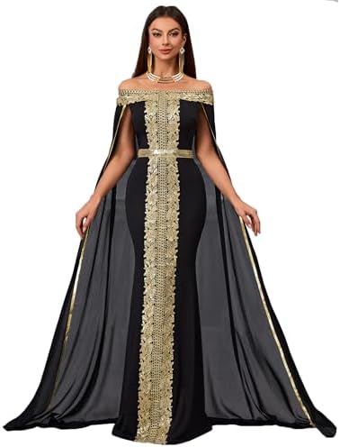 Amazon.com: LRYBSA Chiffon Prom Gala Evening Party Dress Black Gold  Appliques Pageant Shower Gown with Attach A Train: Clothing, Shoes & Jewelry
