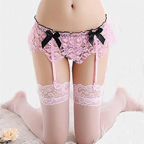 Mismxc Sexy Womens Lace Garter Belt with Stockings Lingerie (Pink 1)