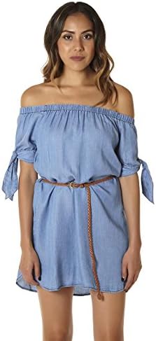 Women's Loose Fit Tencel Chambray Off the Shoulder Denim Mini Dress with Belt Small