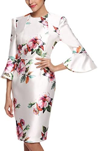 Locry Women's Mandarin Floral Printed Trumpet Sleeve Slim Fit Cocktail Dress (M, White)