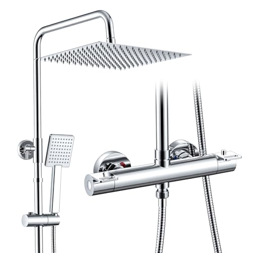 DelnVior Thermostatic Shower System Stainless Steel 12" Square Rain Shower Head Hand Shower Single Spray Mode Shower Faucet Complete Set Height Adjustable with Anti-Scald Protection Water Saving